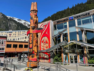 The Sealaska Cultural Values Totem Pole represents all three tribes of Southeast Alaska – Tlingit, Haida and Tsimshian.