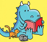 illustration: dinosaur reads a book to kittens