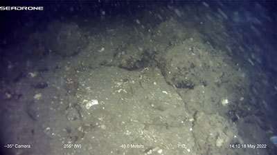 Image from a remotely operated vehicle (ROV) of semi-circular stacked stones on the seafloor, part of a larger weir complex