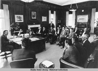 Secretary of the Interior Walter Hickel meeting with people involved in Alaska land claims dispute