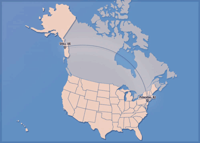 map of north america with line connecting Sitka and Princeton, NJ