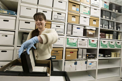 SHI’s Director of Archives and Collections Emily Pastore in the institute’s archives.