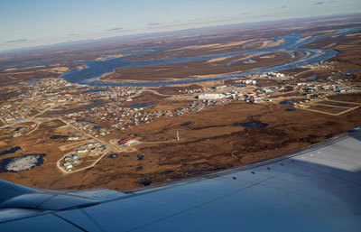 aerial view of Bethel and the Kuskokwim River