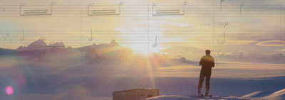 person on snowy mountain with musical notation in background