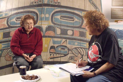 Lena Farkas, a researcher (right), records Yakutat Tlingit oral history from Elaine Abraham, one of the community's senior matriarchs, in 2011