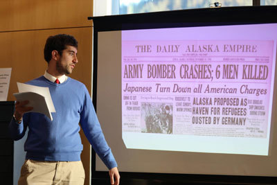 Eric Schmalz gives a lecture at the Andrew P. Kashevaroff Building Thursday afternoon. 