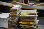 Some of the Homer Public Library books a citizens group has asked be removed from the children's section lie on a table