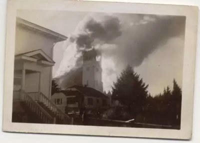 A photo of the Duncan Memorial Church fire in 1949. (Photo courtesy of the Annette Island Reserve Historical Archive)