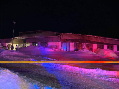 A section of the Palmer Public Library roof that collapsed Wednesday evening, Feb. 15, 2023