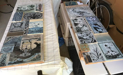 Ray Hudson's woodblock art in progress