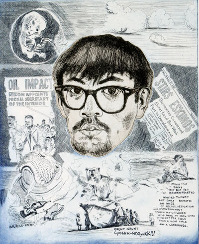 Portrait of a Young Artist: Joe Senungetuk surrounds a sketch of himself with headlines from Howard Rock’s Tundra Times 