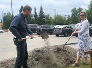 Fairbanks North Star Borough Mayor Bryce Ward and Noel Wien Library Director Melissa Harter ceremoniously mark the start of construction.