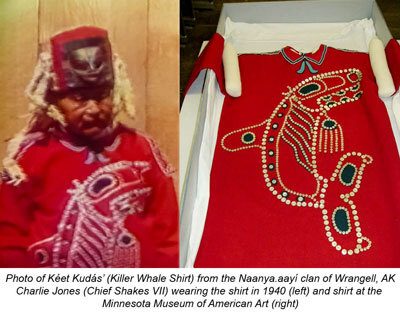 Photo of Keet Kudas (killer whale shirt) from Naanya.aayi clan of Wrangell: left Chief Shakes III wearing it and right at MMAA