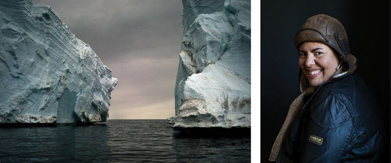 Left: close-up of icebergs, right: camille seaman