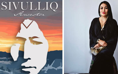 left: book cover for Sivulliq Ancestor with illustration of a face juxtaposed against snowy sunrise scene