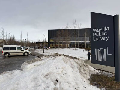 Wasilla Public Library sign and building