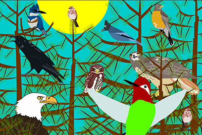 graphic of birds in trees