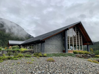 Clouds hang low in the air behind the Ketchikan Public Library