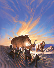 Artwork shows three mammoths being watched by a family of ancient Alaskans