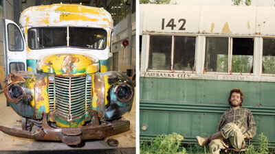 Bus 142 parked at the University of Alaska Fairbanks; a self-portrait of Chris McCandless taken in 1992