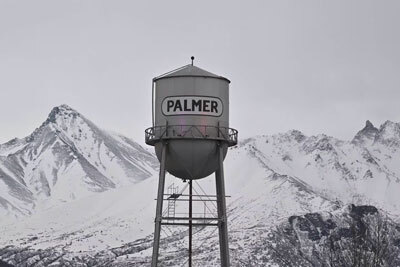 Palmer water tower and chugach mountains