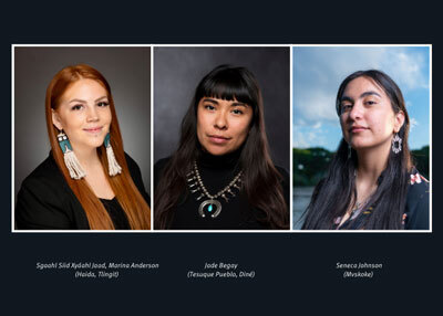 Separate photos of three women from the neck up looking at camera.