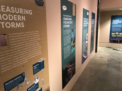 Exhibit panels on display at the Museum of the Aleutians in Unalaska describe storms and tsunamis.