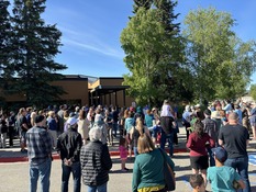 A crowd gathers at the reopening of the Noel Wien Library on Saturday, June 1, 2024