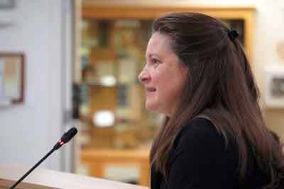 Virginia Morgan, volunteer director of the Cooper Landing Community Library, speaks to the Kenai Peninsula Borough Assembly