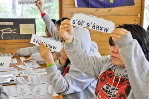 students hold up vocabulary signs