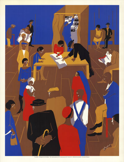 people standing, sitting, voting. print in blue, brown, mustard, red, black and white