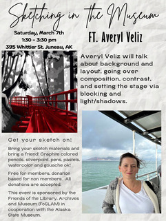 flyer with image of Averyl and painting of the flume in black and white with red