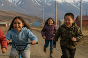 Kids running in a village