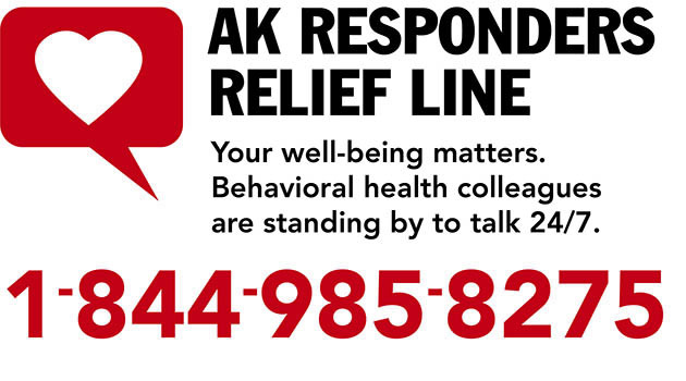 AK Responders Relief Line. Your well-being matters. Behavioral Health colleagues are standing by to talk 24/7. 1-844-985-8275