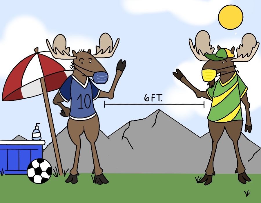 Masked moose playing soccer six feet apart