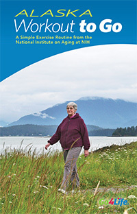 Workout To Go - cover image showing a senior woman walking at Point Louisa trail on rainless by cloudy day in Juneau, Alaska.