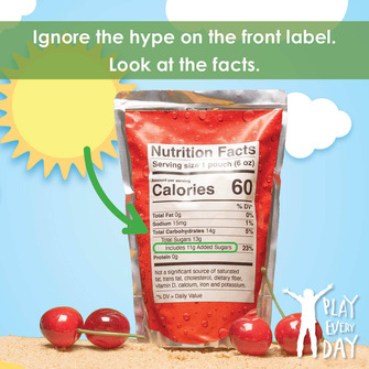 Ignore the hype on the front label. Look at the facts. The Nutrition facts label (arrow) for this sugary drink has 11 grams of added sugar (circled).