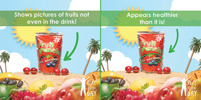 Shows pictures of fruits not even in the drink! Appears healthier than it is by advertising "all natural".