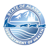 State of Alaska, Department of Health Logo- includes text and picture of musher and sled dogs with a background of mountains.