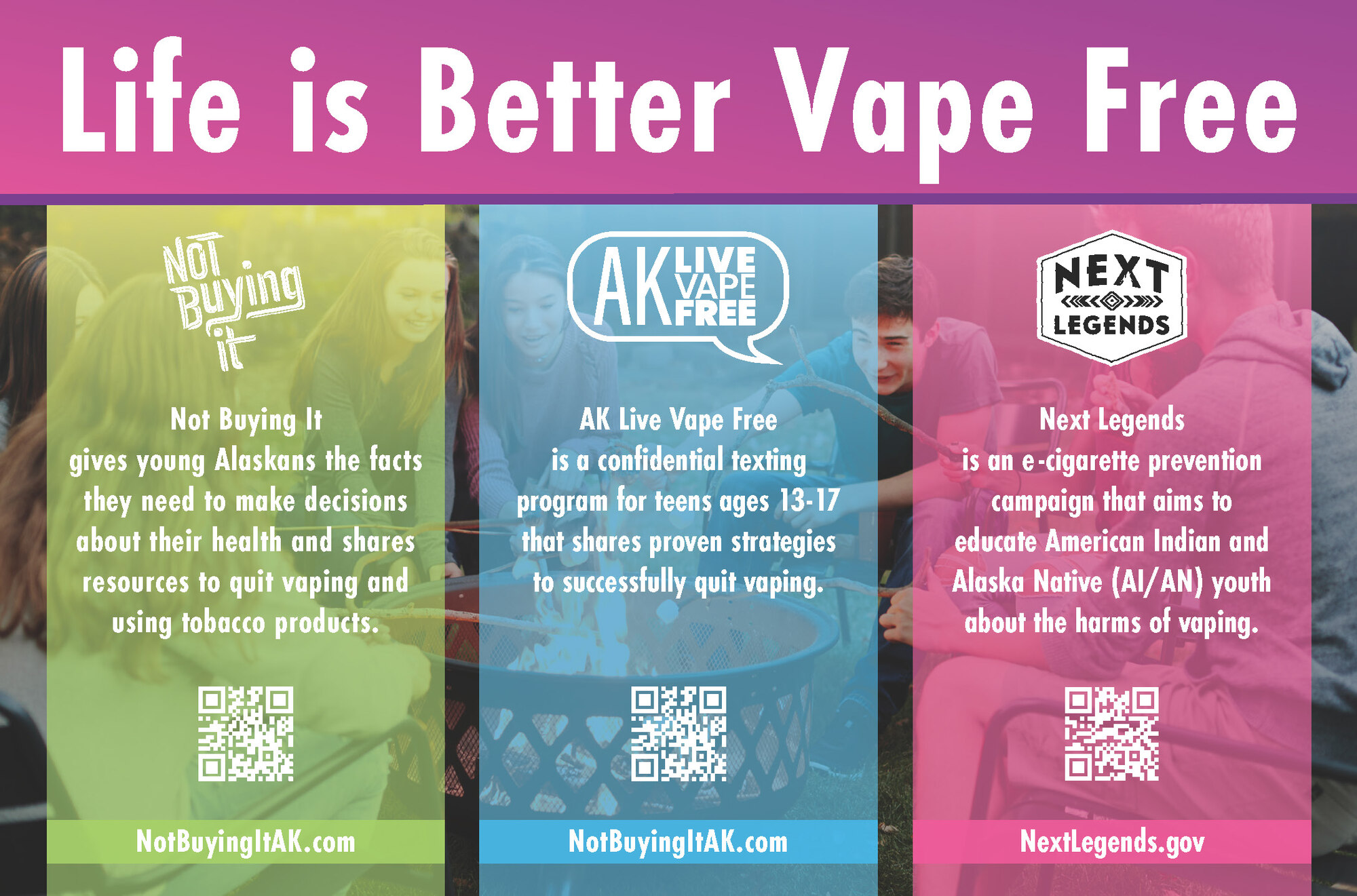 Life is better vape free - postcard with resources to help youth quit vaping.