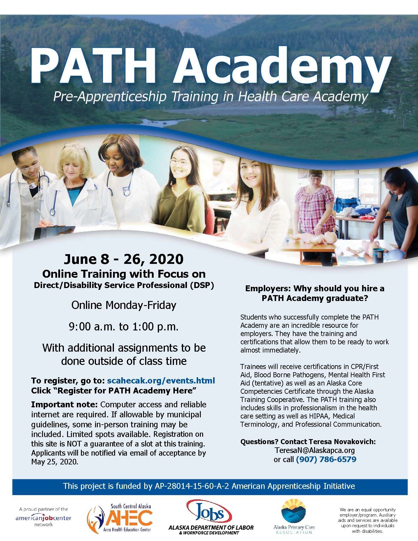 PATH Academy Pre-Apprenticeship Training in Health Care - Online Training!