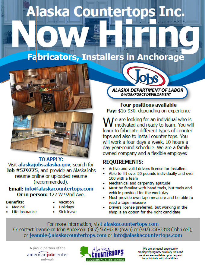 Now Hiring Alaska Countertops Fabricators & Installers