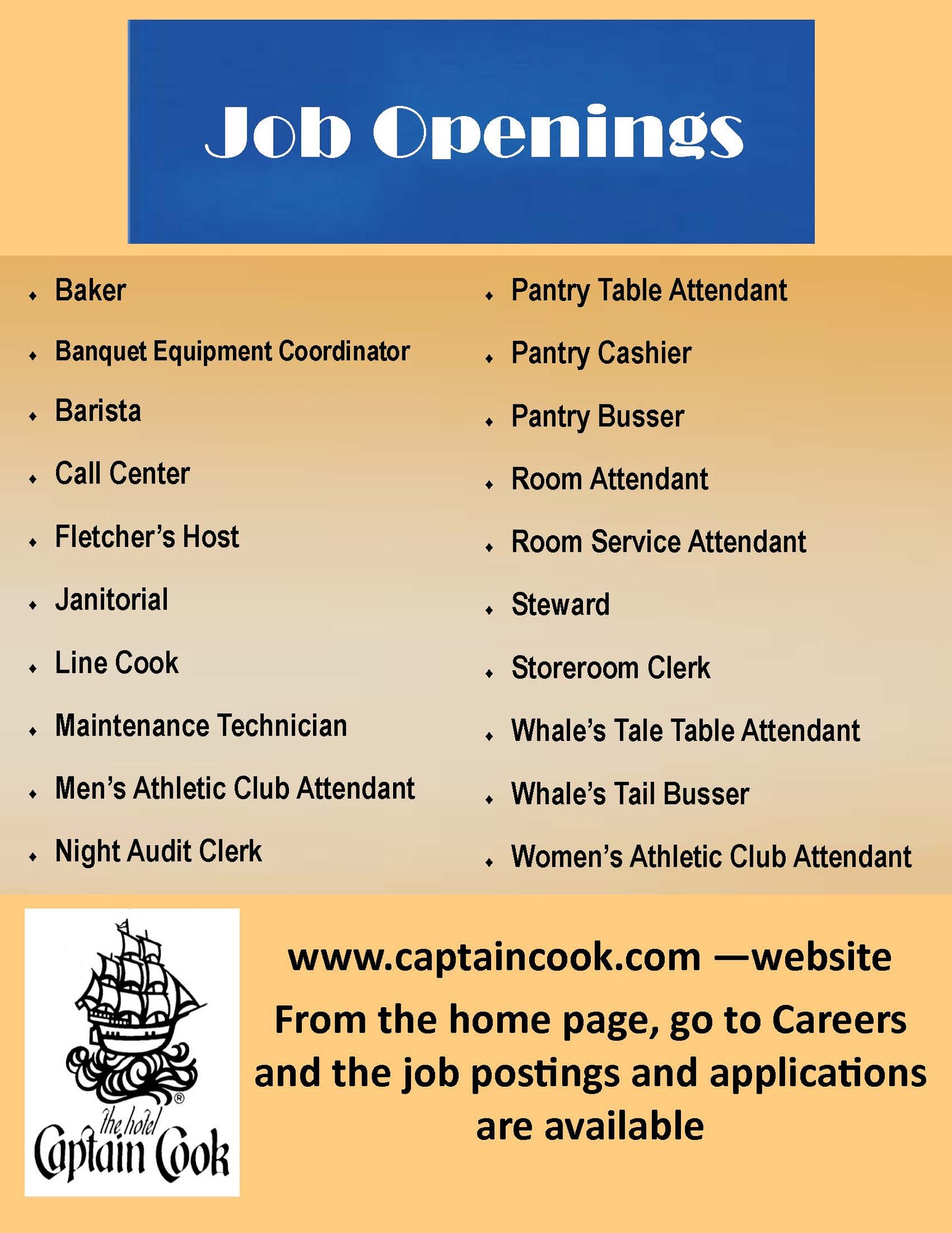 The Hotel Captain Cook is Now Hiring!