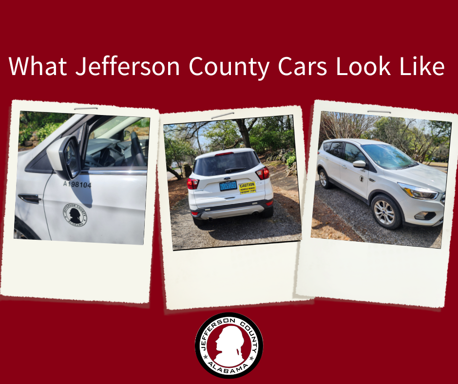 pictures of Jefferson County vehicles with our logo on the side, makes frequent stop sign on the back, and blue tag