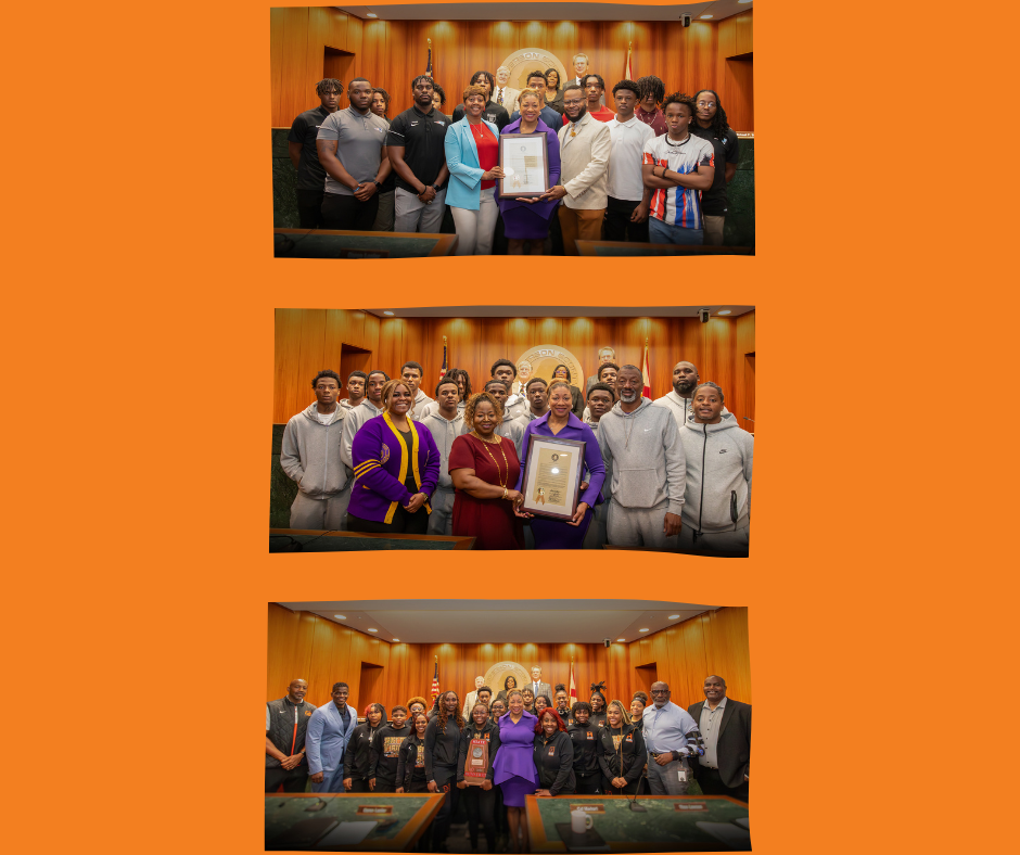 pictures of commissioners with local high school students being recognized at meeting