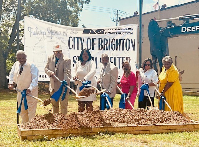 picture of commissioner Sheila Tyson and Brighton Mayor Eddie Cooper at the ground breaking of the new Brighton Storm Shelter