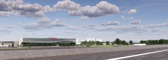 Architectural rendering of Coca-Cola UNITED's new facility illustrates its high visibility off Interstate 20/59. 