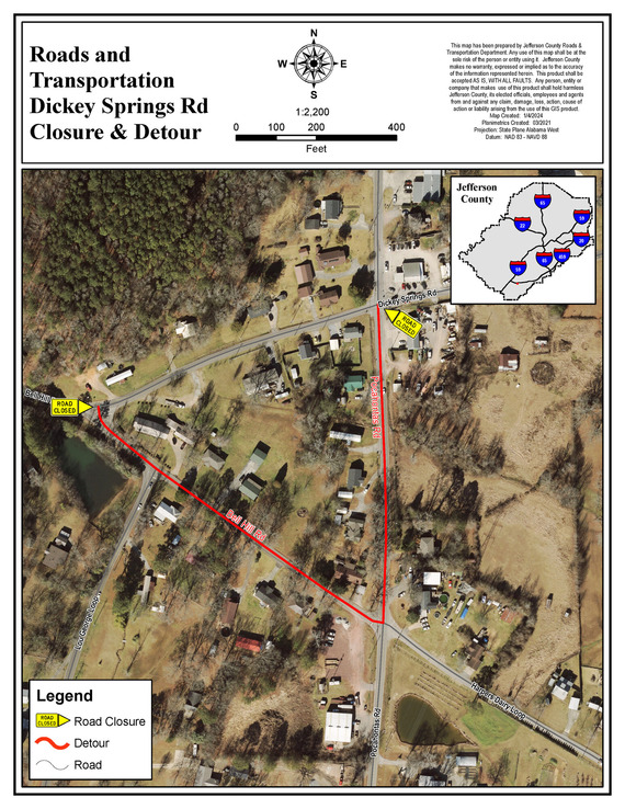 Bell Hill Road map showing road detour