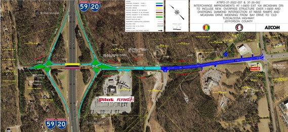 color coded project map of McAshan Drive road widening and diverging diamond interchange plans