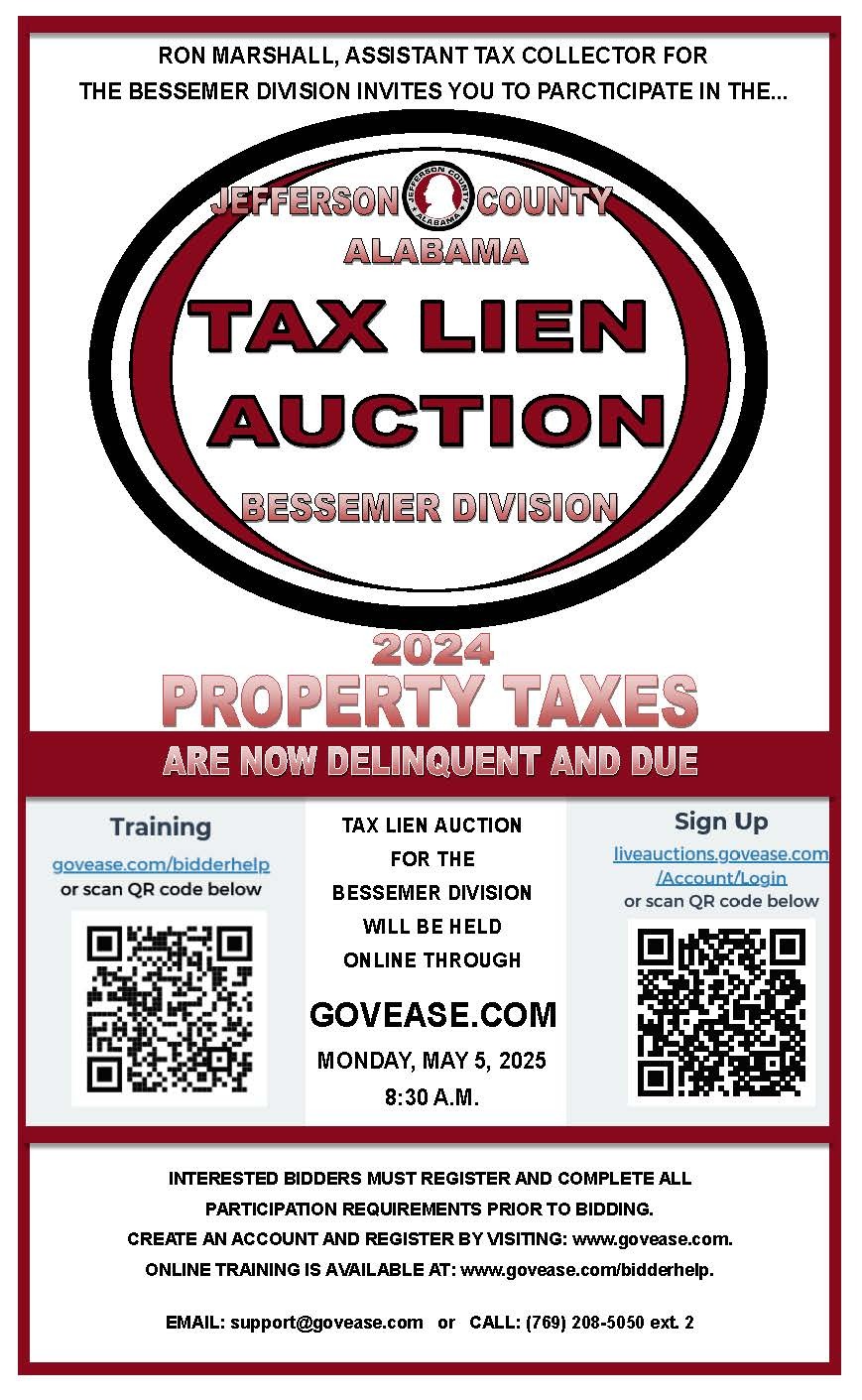 Information from Bessemer Tax Assessor on this year's Tax Lien Auction on May 5th that will be online
